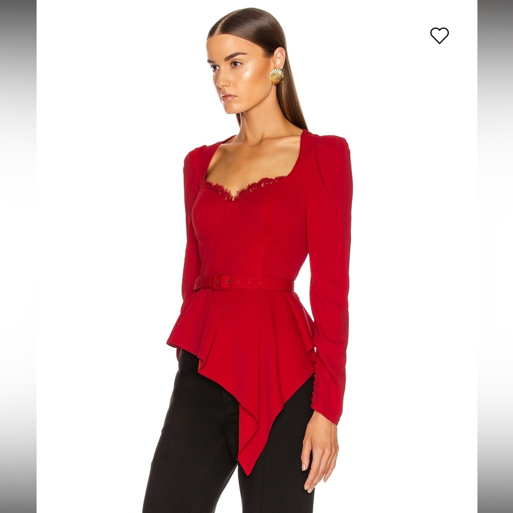 SELF PORTRAIT Red Crepe Peplum Corset Bustier Top Shirt Long-Sleeve Formal Sz 8 - Picture 2 of 16